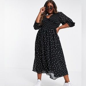 ASOS Curve plus size midi smock dress in mono spot print with shirred cuffs